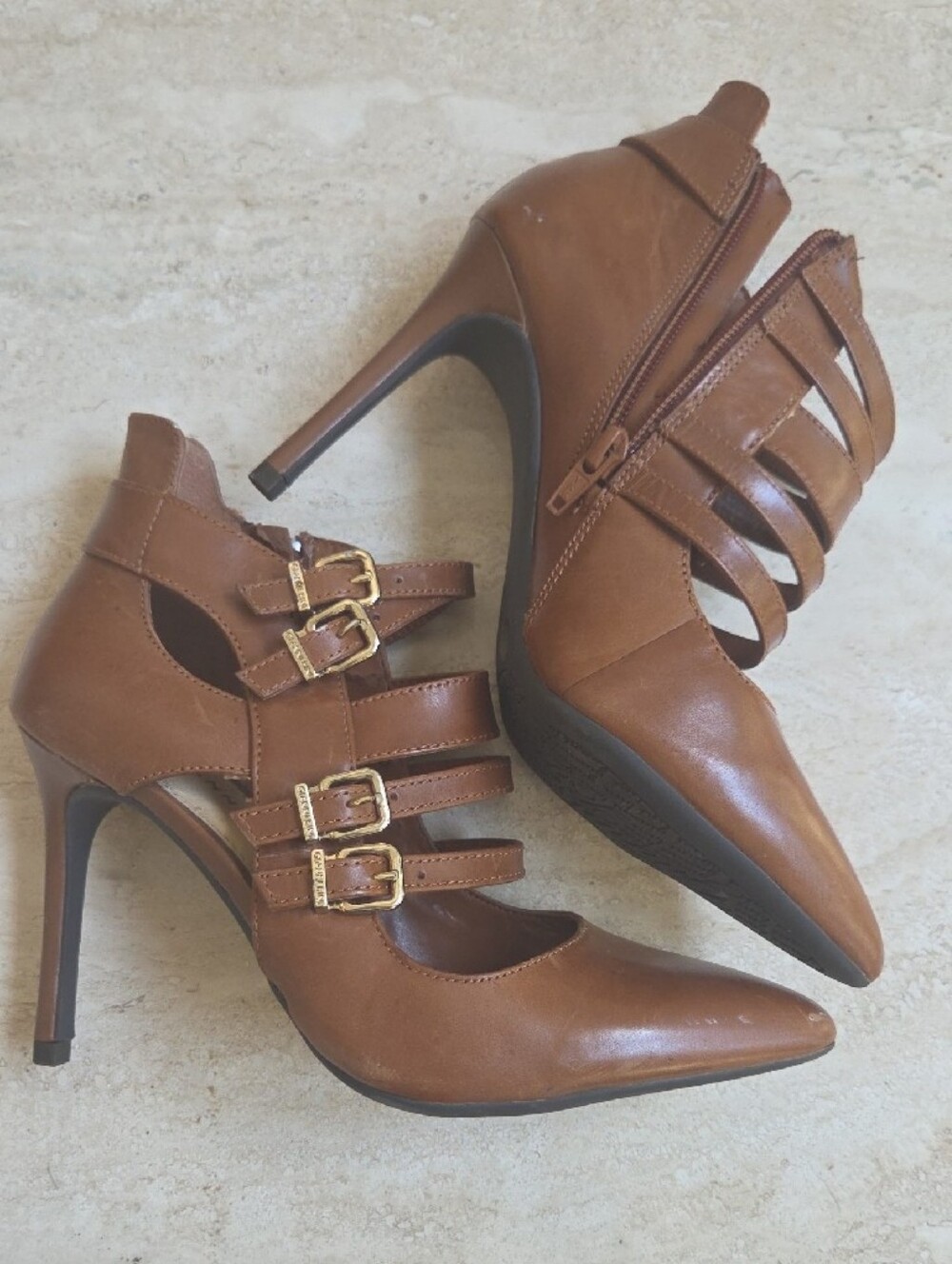 Gianni Bini Brown Strappy Pointed Toe Heels Size 6.5 | Buckle Pumps